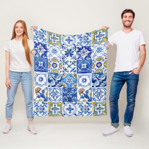 Blue, White & Yellow Mediterranean Floral Pattern Fleece Blanket