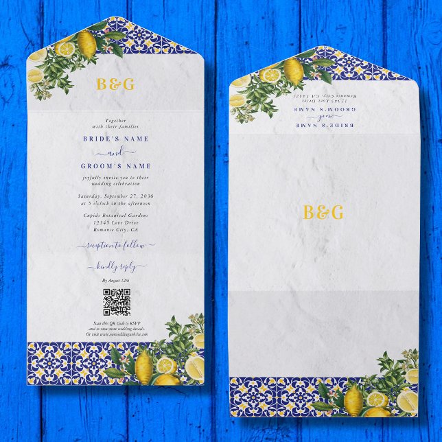 Blue White Yellow Mediterranean Tile Lemon Wedding All In One Invitation (Blue White Yellow Mediterranean Tile Lemon Wedding All In One Invitation)