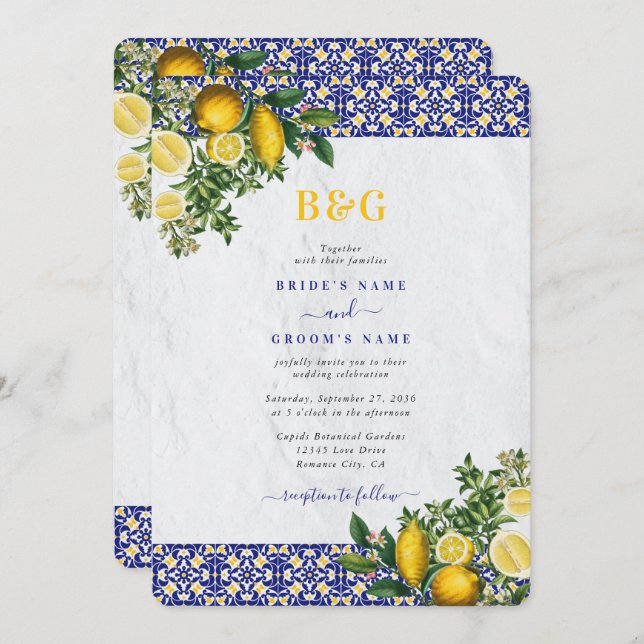 Blue White Yellow Mediterranean Tile Lemon Wedding Invitation (Front/Back)