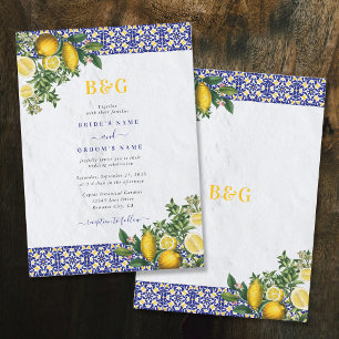 Blue White Yellow Mediterranean Tile Lemon Wedding Invitation