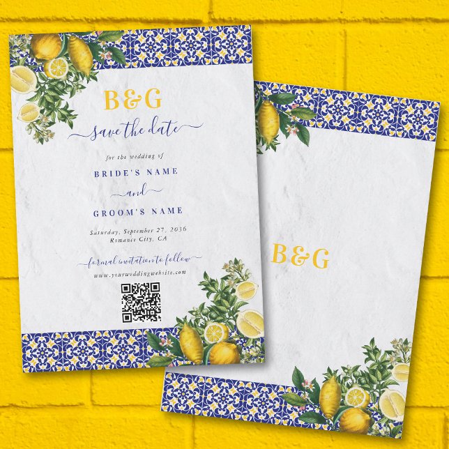 Blue White Yellow Mediterranean Tile Lemon Wedding Save The Date (Blue White Yellow Mediterranean Tile Lemon Wedding Save The Date)