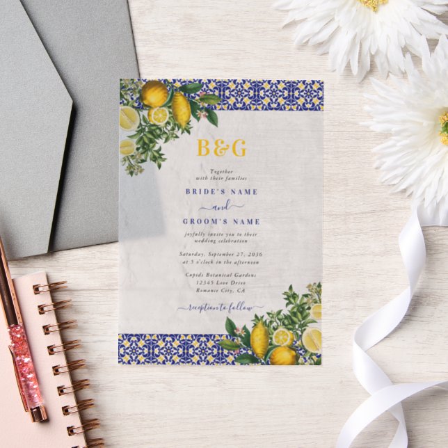 Blue White Yellow Mediterranean Tile Lemon Wedding Vellum Invitations (Wedding)