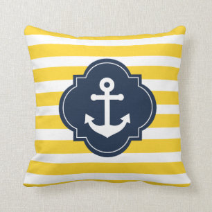 Blue White & Yellow Nautical Anchor Striped Pillow