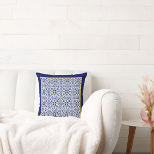 Blue white yellow pattern Mediterranean style  Cushion