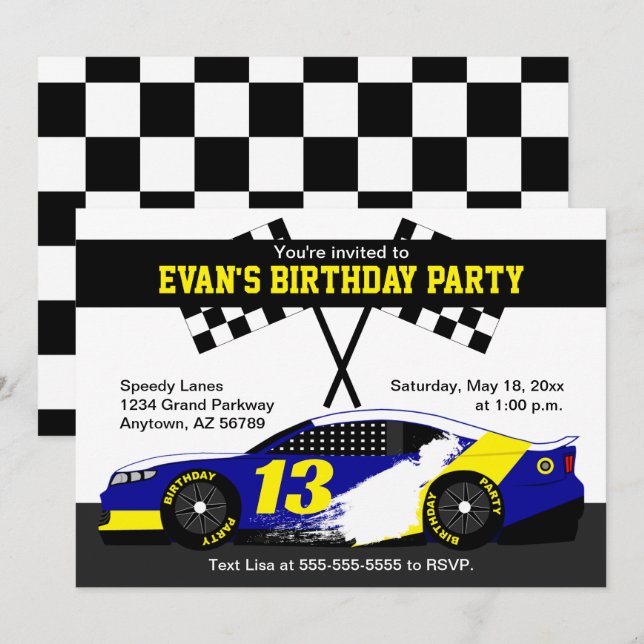 Blue White Yellow Race Car Birthday Party Card (Front/Back)