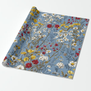 Blue White Yellow Red Ditsy Flower Pastel Boho 70s Wrapping Paper
