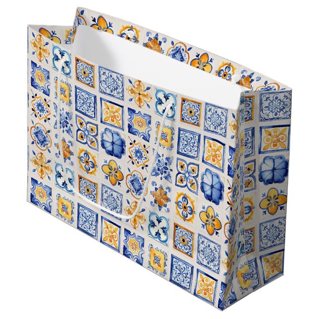 Blue White Yellow Tiles Pattern Summer Aesthetic  Large Gift Bag (Front Angled)