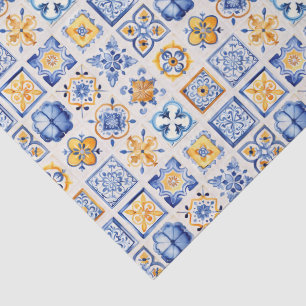 Blue White Yellow Tiles Pattern Summer Aesthetic  Tissue Paper