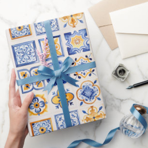 Blue White Yellow Tiles Pattern Summer Aesthetic  Wrapping Paper