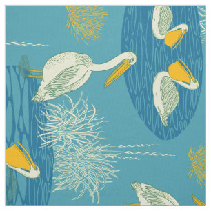 Blue White & Yellow Tones Cute Birds Pattern Fabric