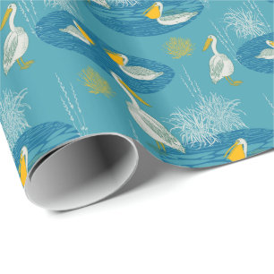 Blue White & Yellow Tones Cute Birds Pattern Wrapping Paper