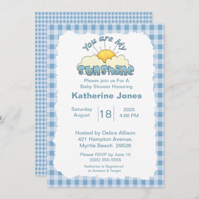 Blue White You Are My Sunshine Baby Shower      Invitation (Front/Back)