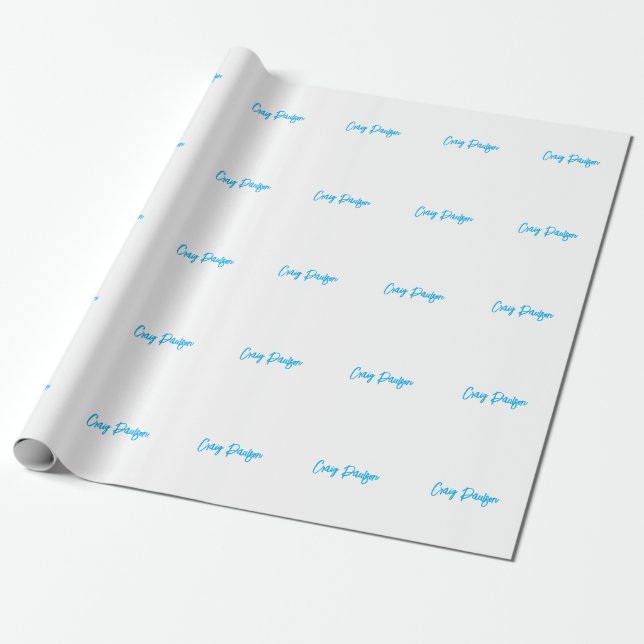 Blue White Your Name Calligraphy Unique Minimalist Wrapping Paper (Unrolled)