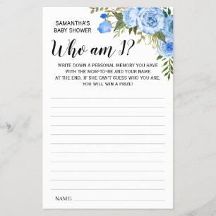 Blue Who am I Baby shower bilingual game card
