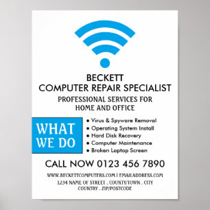 Blue Wi-Fi Logo, Computer Repair Specialist Advert Poster