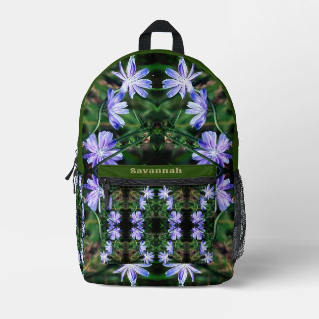 Blue Wild Chicory Flowers Abstract Personalised Printed Backpack (Front)
