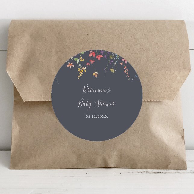 Blue Wild Floral Baby Shower Favour   Classic Round Sticker (Creator Uploaded)