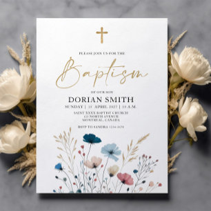 Blue Wild Flowers Boy Baptism invitation