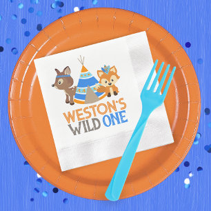 Blue Wild One Fox and Deer 1st Birthday Napkin
