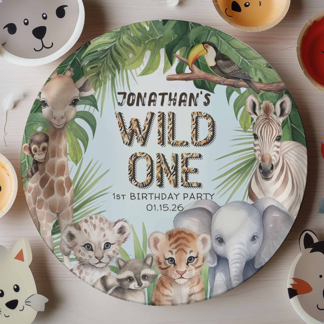 Blue wild one jungle animals 1st birthday paper plate (WIld one safari jungle animals, boy 1st birthday paper plate)