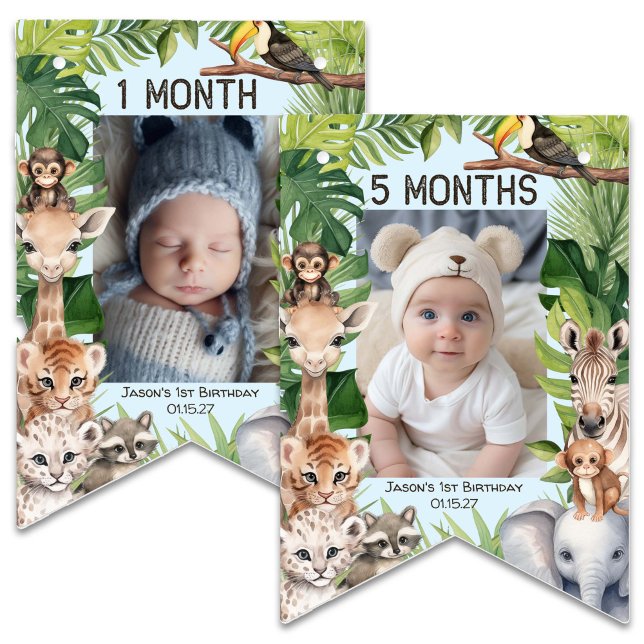 Blue Wild One Safari Themed 1st Birthday Monthly  Bunting (Blue Safari Animals, WIld One, Boy 1st birthday monthly photo banner. Birthday keepsake.)