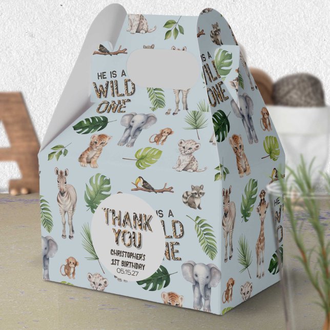Blue Wild One Themed Boy 1st birthday Favour Box (Wild One, Blue Jungle Animals, Birthday favor box.)