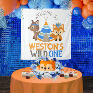 Blue Wild One Woodland 1st Birthday Party Backdrop Tapestry