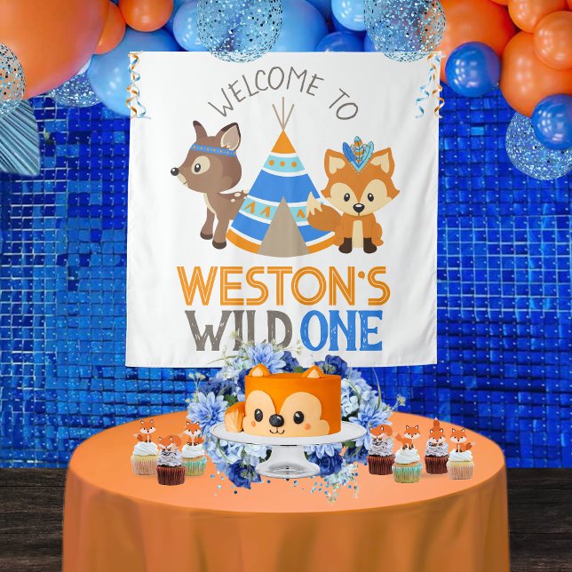 Blue Wild One Woodland 1st Birthday Party Backdrop Tapestry (Large Square Personalized Tribal Forest Fox and Deer Woodland Wild One 1st Birthday Backdrop)