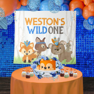 Blue Wild One Woodland Animals Party Backdrop Tapestry
