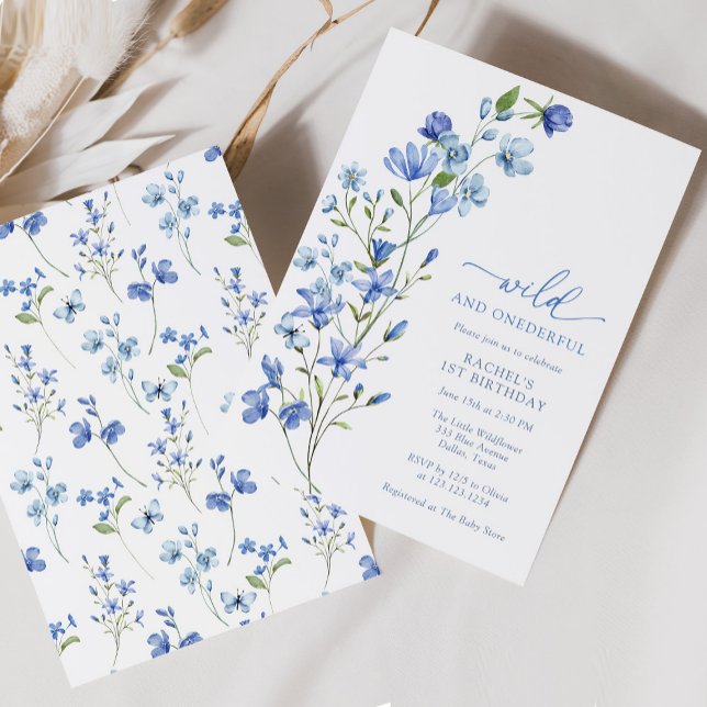 Blue Wild & Onederful Wildflower 1st Birthday Invitation (Creator Uploaded)