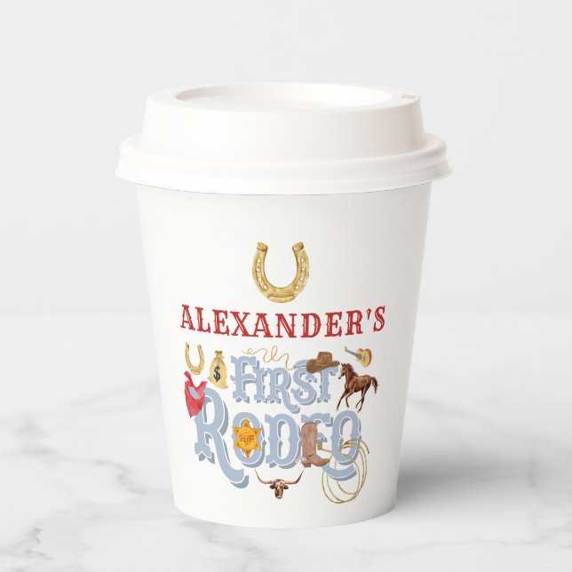 Blue Wild West First Rodeo Baby Boy 1st Birthday Paper Cups (Front)