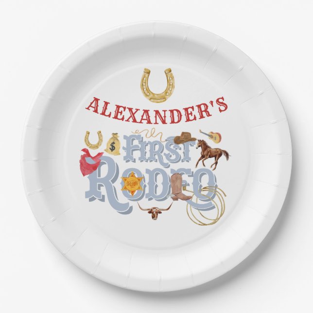 Blue Wild West First Rodeo Baby Boy 1st Birthday Paper Plate (Front)