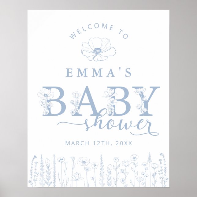 Blue Wildflower Baby Shower Welcome Sign (Front)