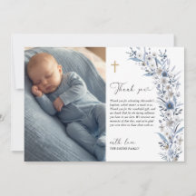 Blue Wildflower Baptism Photo Thank You Card