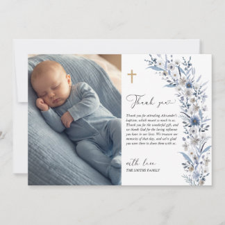 Blue Wildflower Baptism Photo Thank You Card