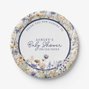 Blue Wildflower Boho Watercolor Baby Shower Paper Plate
