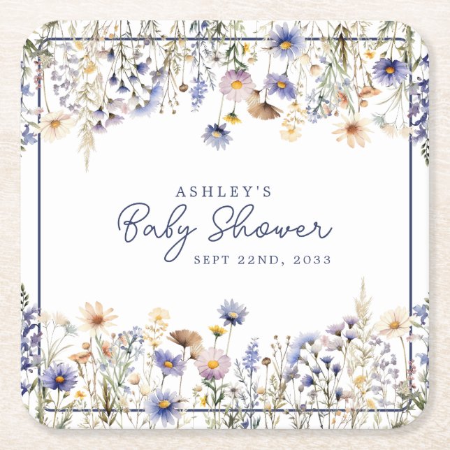 Blue Wildflower Boho Watercolor Baby Shower Square Paper Coaster (Front)