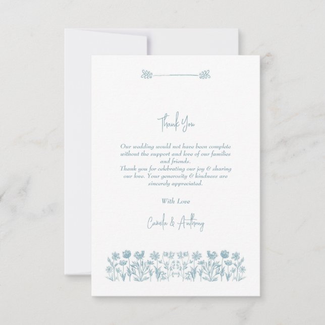 Blue Wildflower Boho Wedding  Thank You Card (Front)
