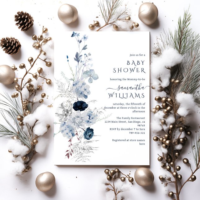 Blue Wildflower boho Winter Baby Shower Invitation (Creator Uploaded)