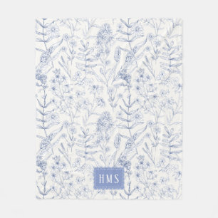Blue Wildflower Botanical Monogram  Fleece Blanket
