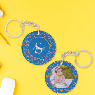 Blue Wildflower & Bumble Bee Watercolor Monogram Key Ring