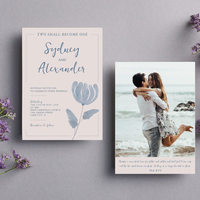 Blue Wildflower Christian Two Become One Wedding Invitation (Creator Uploaded)