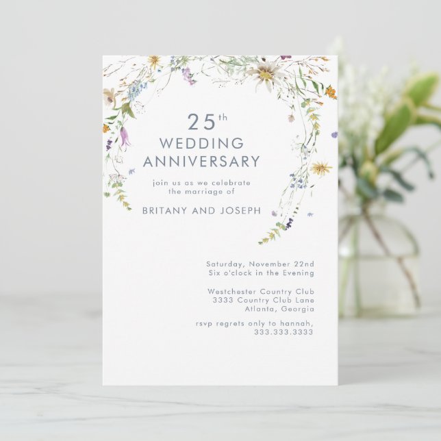 Blue Wildflower Floral 25th Wedding Anniversary Invitation (Standing Front)