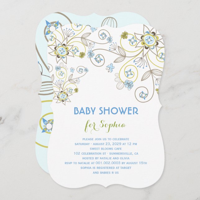 Blue Wildflower Floral Baby Boy Shower Invitation (Front/Back)