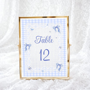 Blue Wildflower Floral  Bow Gingham Table Number