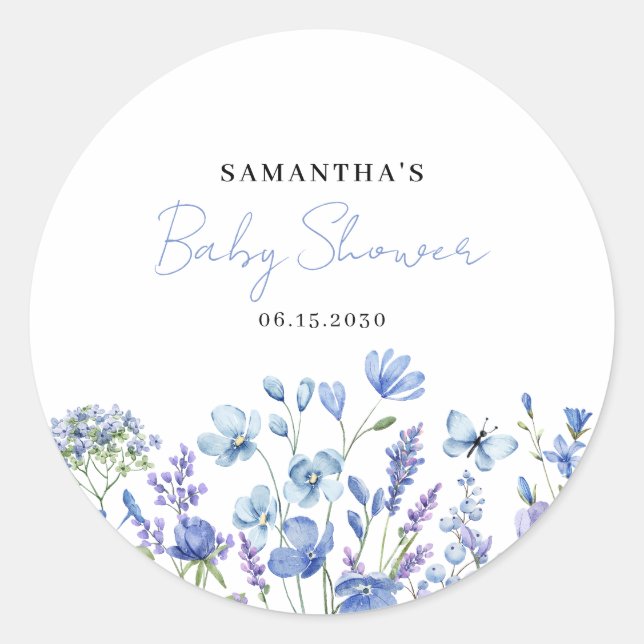 Blue Wildflower Floral Boy Baby Shower  Classic Round Sticker (Front)