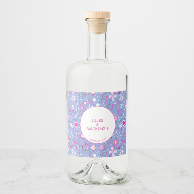 Blue Wildflower Floral Pattern Liquor Bottle Label (Front)