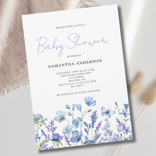 Blue Wildflower Floral Watercolor Boy Baby Shower Invitation