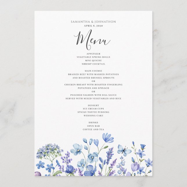 Blue Wildflower Floral Watercolor Wedding  Menu (Front)