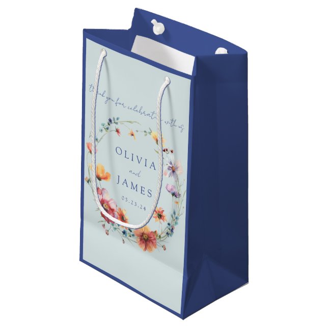Blue Wildflower Floral Wreath Wedding Favour Small Gift Bag (Front Angled)